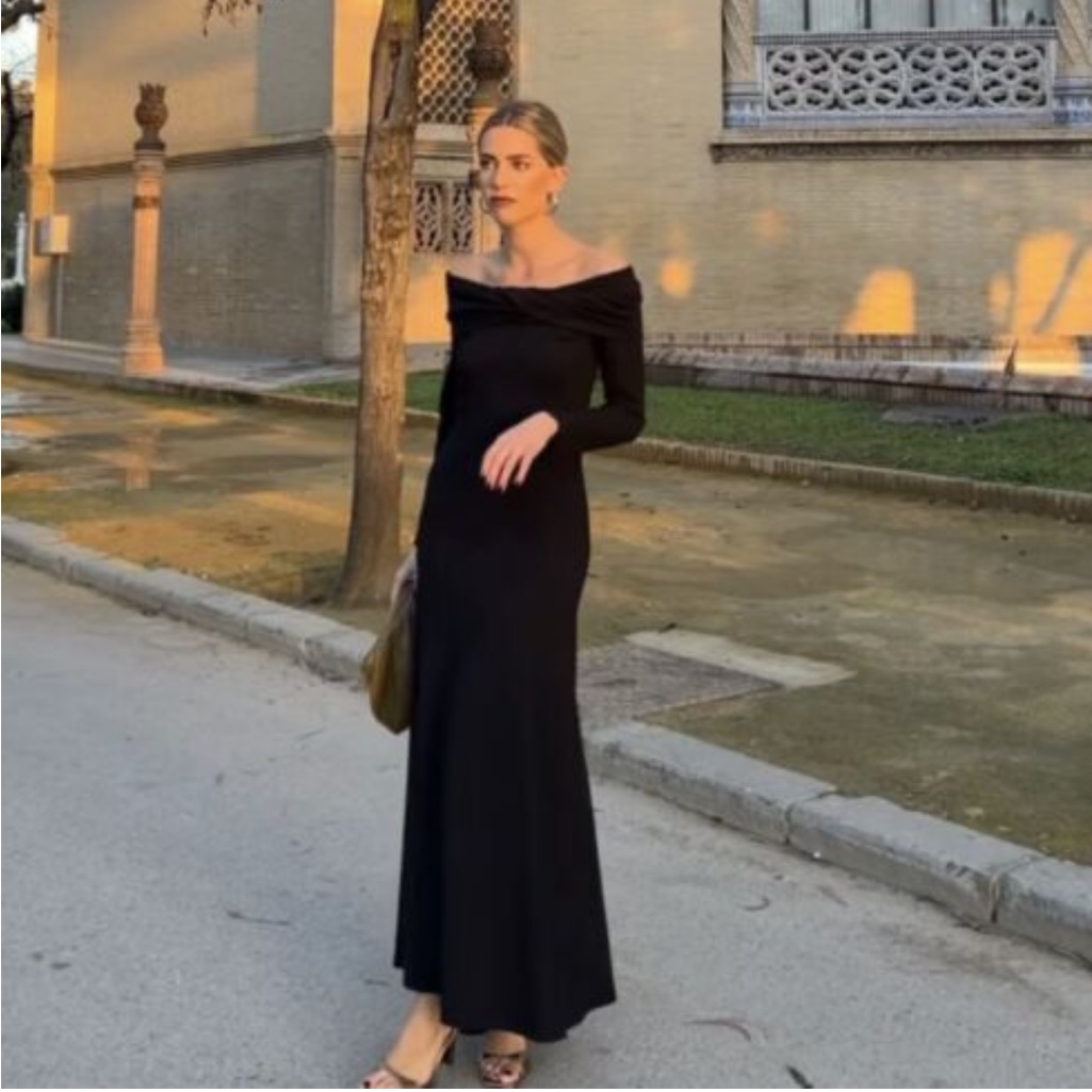 Zara Limited Edition Off Shoulder Long Sleeve Black Maxi Dress Sz.Xs